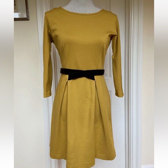 Anthropology Girls From Savoy Dress Mustard Yellow Fit & Flare 3/4 Sleeve XS - Picture 6 of 7